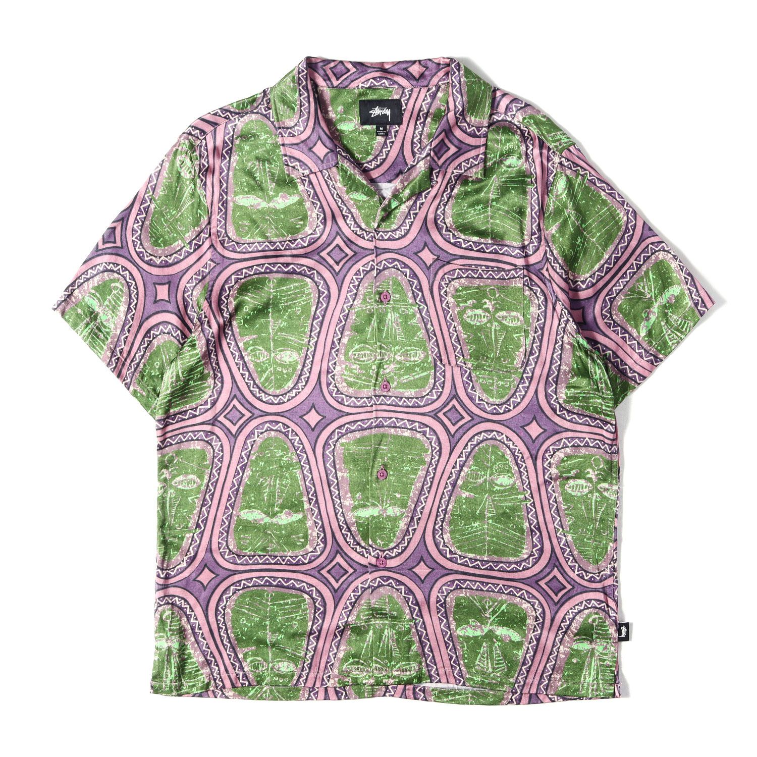 【美品】STUSSY ステューシー シャツ グリーン ピンク サイズ:M | マスク総柄 レーヨン オープンカラー 半袖シャツ(Mask S/S Shirt) | トップス カジュアルシャツ【メンズ】【中古】