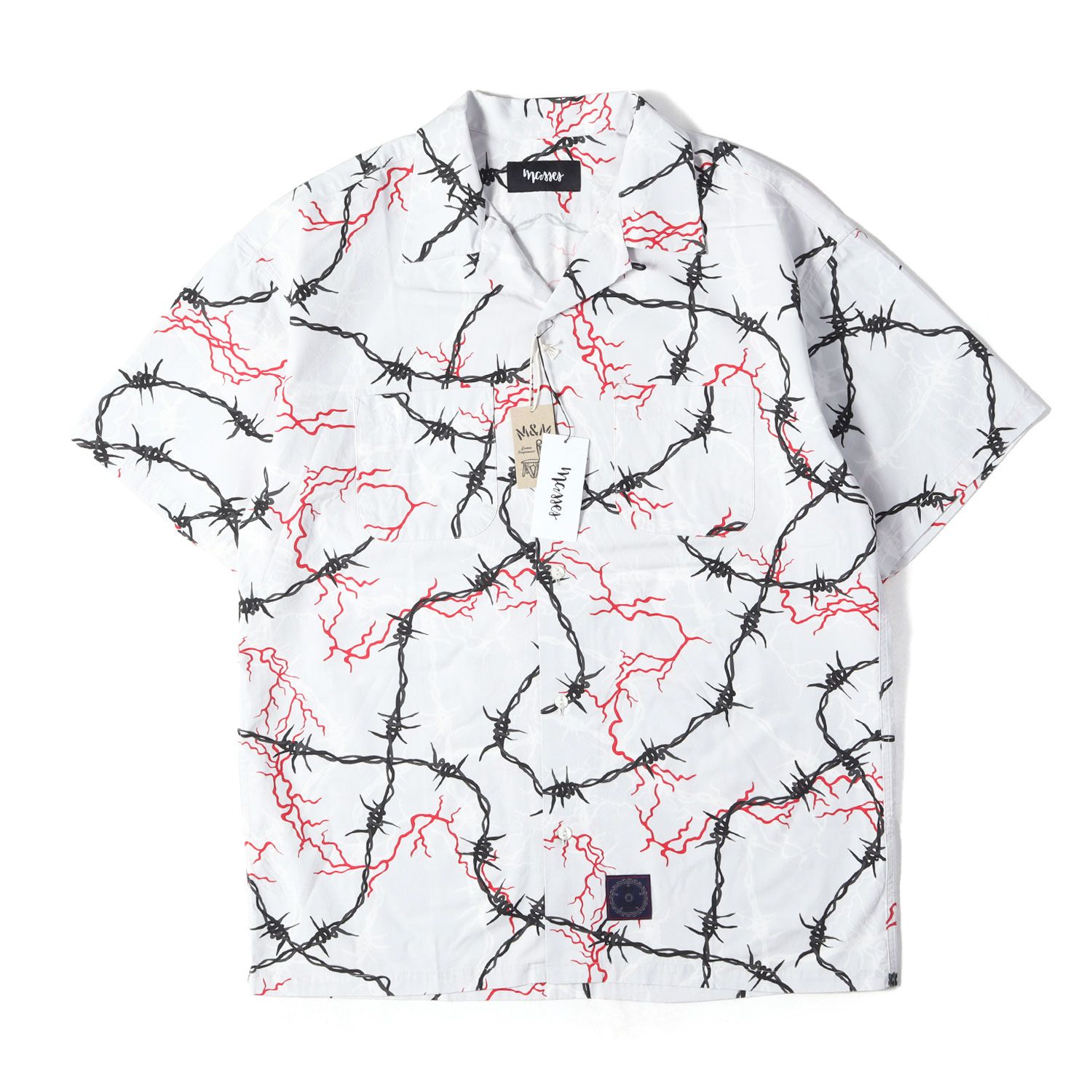 【新品】MASSES マシス シャツ グレー サイズ:M | M&M バーブワイヤー柄 オープンカラー 半袖シャツ(SHIRT S/S WIRE) | トップス カジュアルシャツ 半袖 コラボ【メンズ】