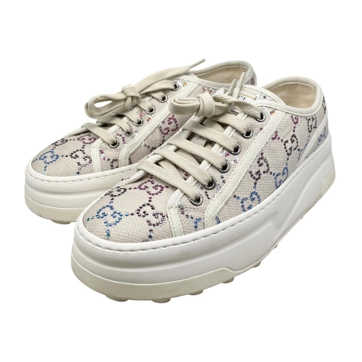 ☆グッチ スニーカー GGキャンバス ラインストーン 771645 37サイズ クリスタル マルチカラー ベージュ GUCCI