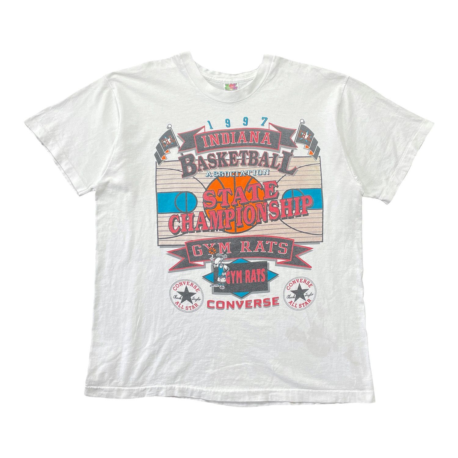 古着 USA製 90S インディアナバスケットボール協会 コンバース ヴィンテージ Tシャツ プリント メンズXL ホワイト シングルステッチ BA5557