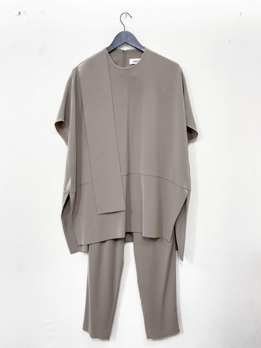 美品 ENFOLD エンフォルド 23SS PEダブルクロス スクエア タイ プルオーバートップス イージーパンツ セットアップ size38 (M相当)/ベージュ ■■◎レディース