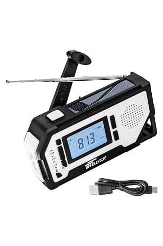 FIELDOOR 防災ラジオ 多機能 懐中電灯 USB充電 乾電池 スマホ充電 ソーラー 手回し ソーラー充電 生活防水 AM/FM ラジオ LEDライト SOSアラーム 2000mAh イヤホン 防災 災害 ポータブル グッズ デジタル表示 カラビナ 栓as