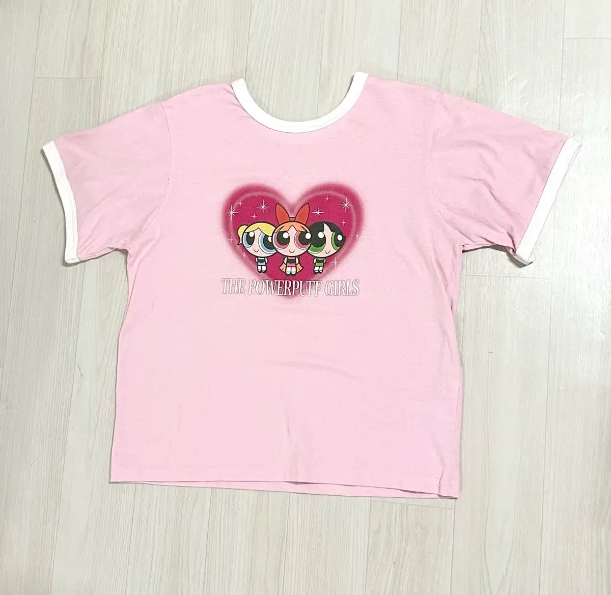 ヴィンテージ パワーパフガールズ ピンク ハート グリッター リンガーTシャツ