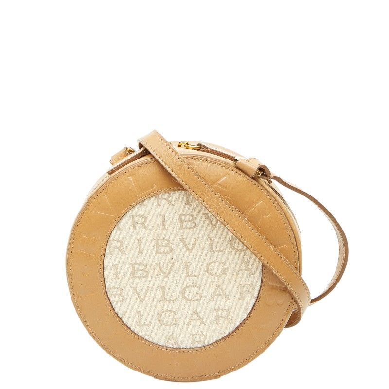 ブルガリ ロゴマニア ショルダーバッグ ポーチ ベージュ ブラウン キャンバス レザー レディース BVLGARI【1-0267792】
