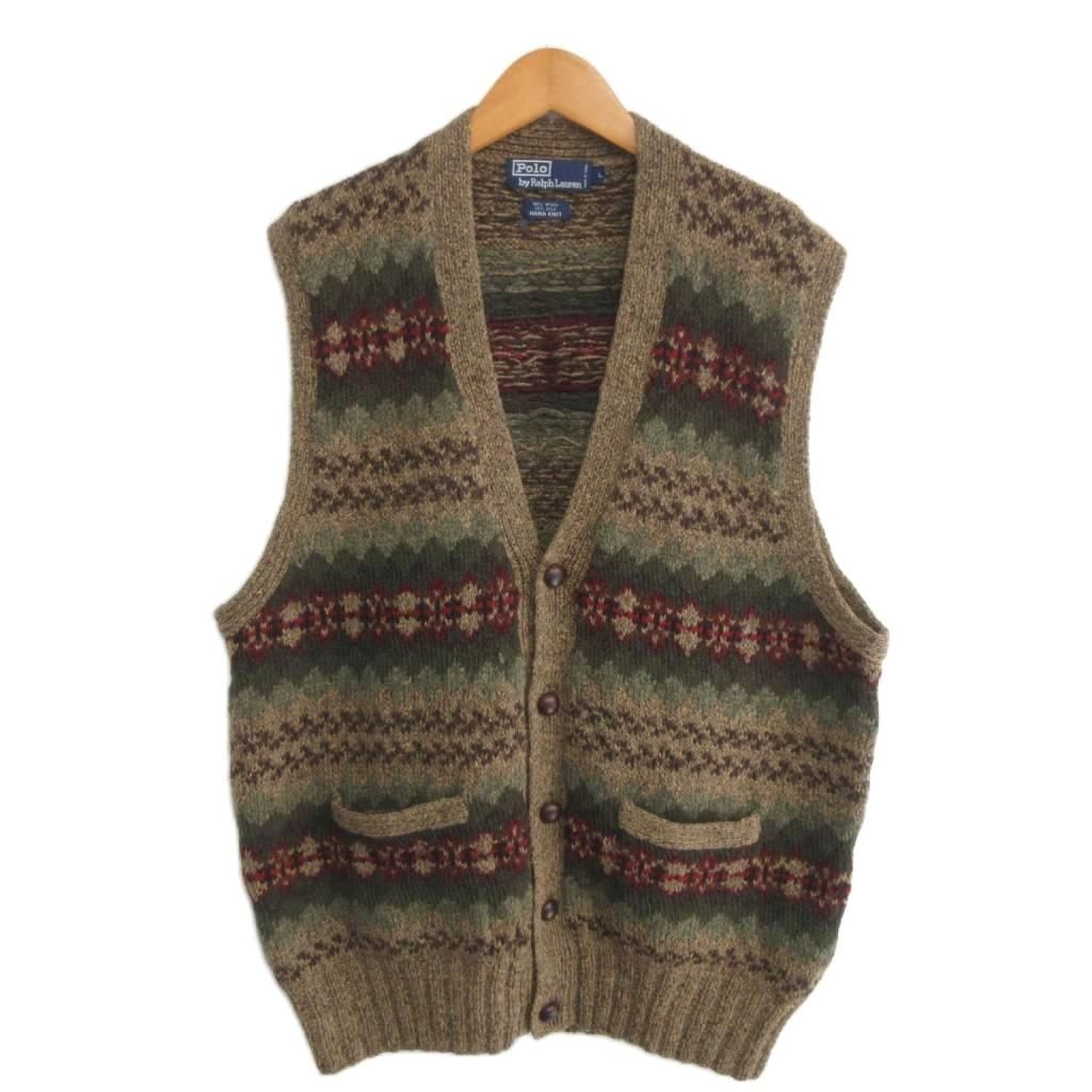 ポロ バイ ラルフローレン Polo by Ralph Lauren 90s HAND KNIT ニットベスト ネイティブ柄 くるみボタン L アースカラー IBO96