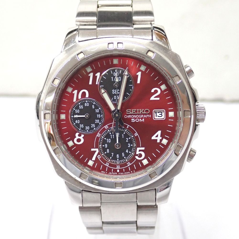 Ft642531 セイコー 腕時計 クロノグラフ 7T92-0CA0 レッド文字盤 メンズ SEIKO 中古