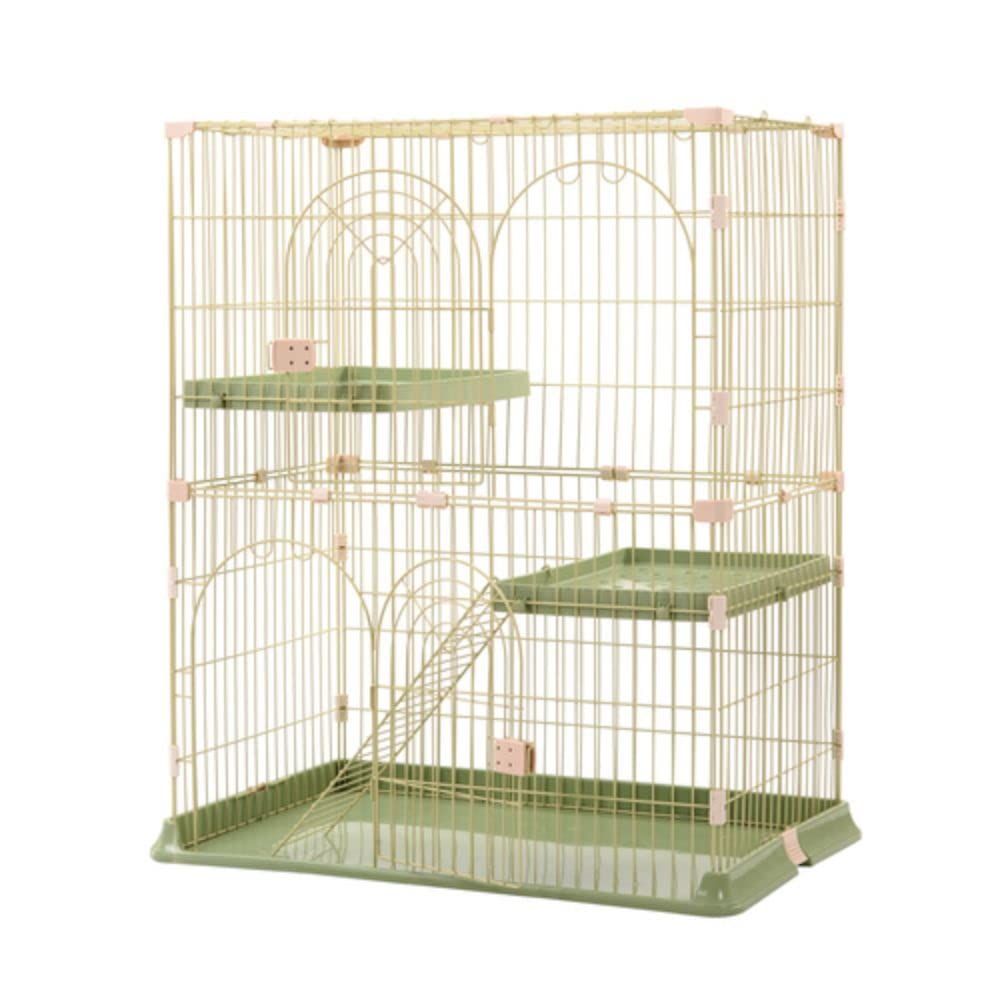 BTM 猫ケージ キャットケージ 2段 おしゃれ キャットハウス ネコハウス 留守番 梯子付き 保護 脱走防止 組み立て簡単 多頭飼い 多頭 ペットケージ グリーン M