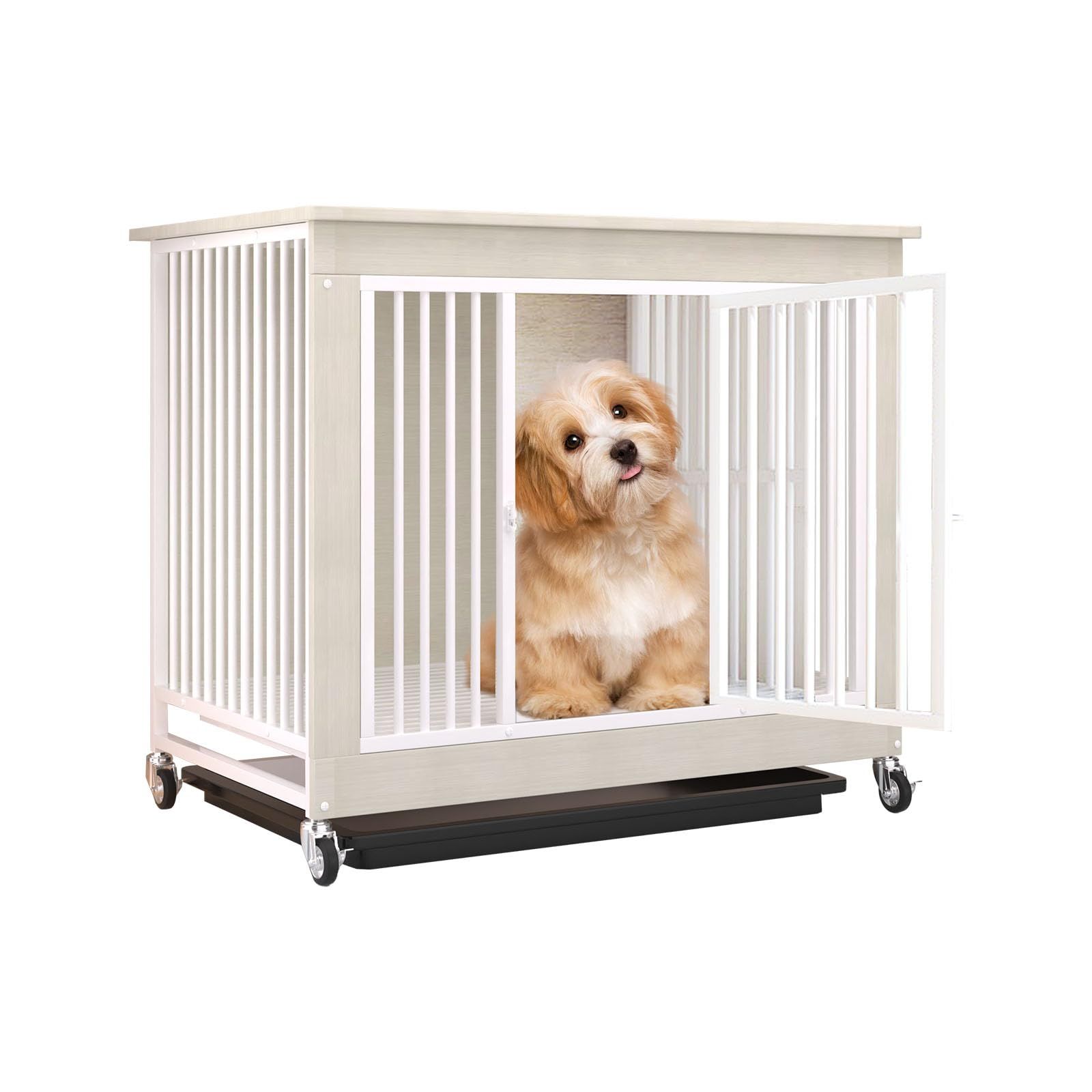 Fainyearn 犬ケージ 小型犬 屋根付き ウッディサークル 犬小屋 中型犬 キャスター付き 木製 トレー付き 幅 80×奥行52×高さ77cm(ホワイト, S)