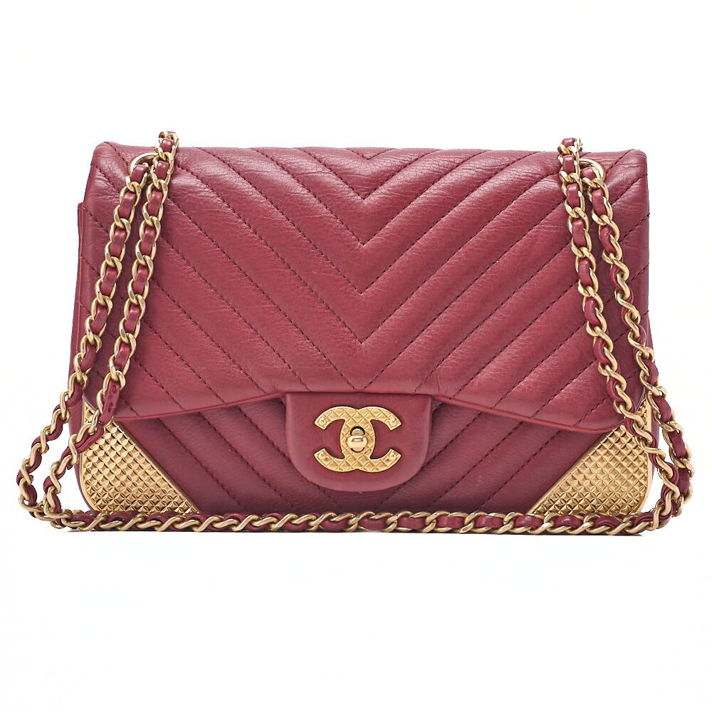 CHANEL　シャネル　カーフスキン　シェブロン　シングル　チェーンショルダー　ボルドー　ゴールド金具　レディースバッグ　ブランド【中古】【送料無料】