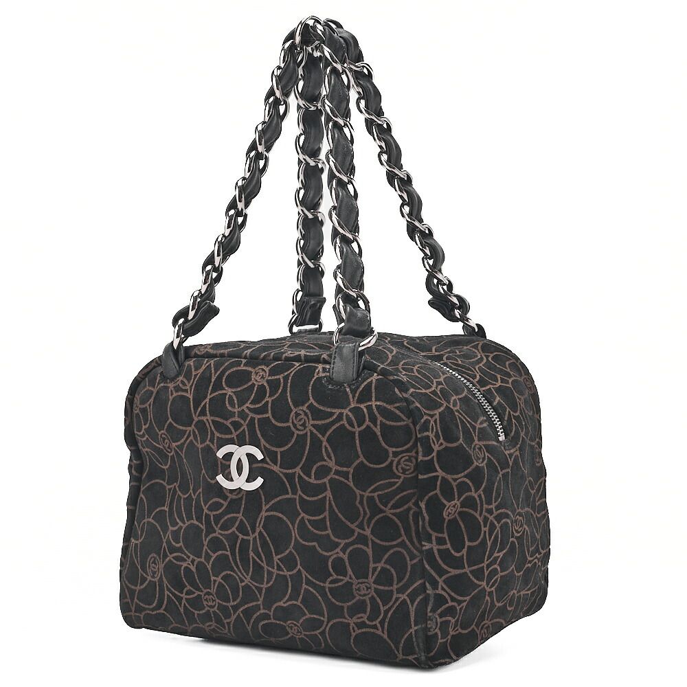 CHANEL シャネル スエード カメリア チェーントート 黒×ゴールド 