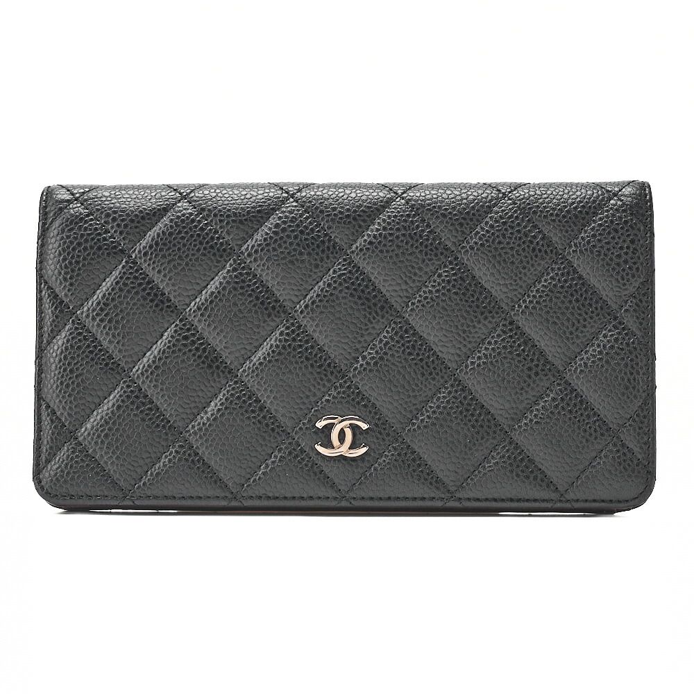 CHANEL シャネル キャビアスキン マトラッセ 二つ折り長財布 黒（シルバー金具）レディースウォレット 財布 【中古】【送料無料】