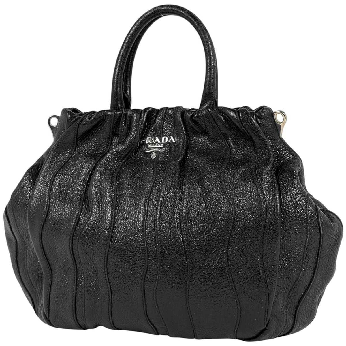 プラダ PRADA ロゴ ハンドバッグ ギャザー トートバッグ ハンドバッグ レザー ネロ(ブラック) レディース 【中古】