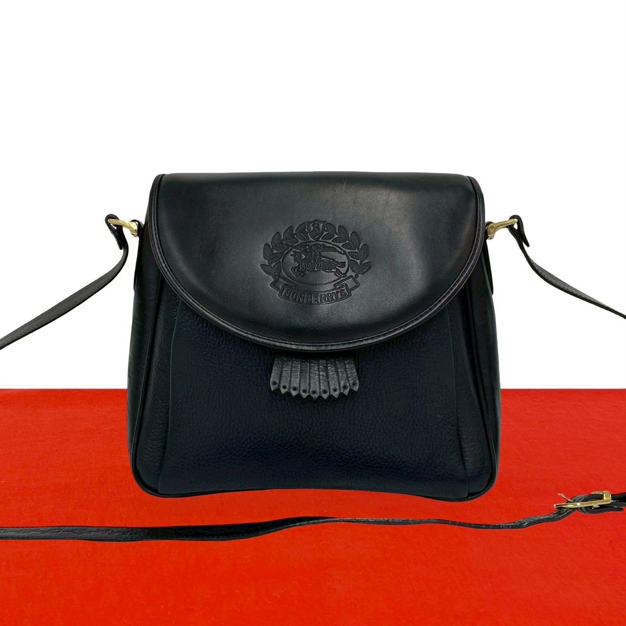 極 美品 Burberrys バーバリーズ ヴィンテージ シャドーホース ロゴ レザー 本革 ショルダーバッグ ポシェット ブラック 黒 66023