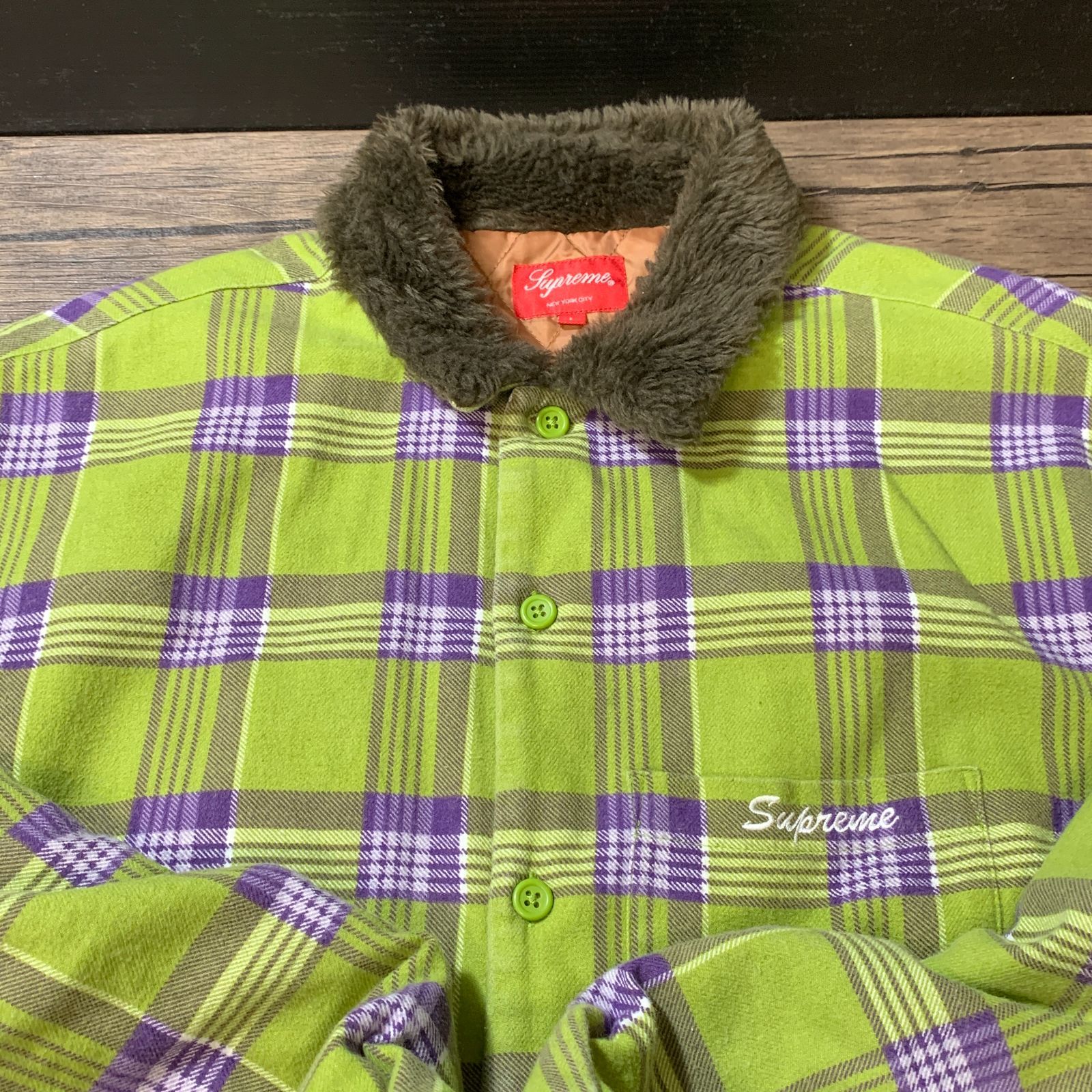 むつ75-051158][併売] Supreme Faux Fur Collar Flannel Shirt[中古 