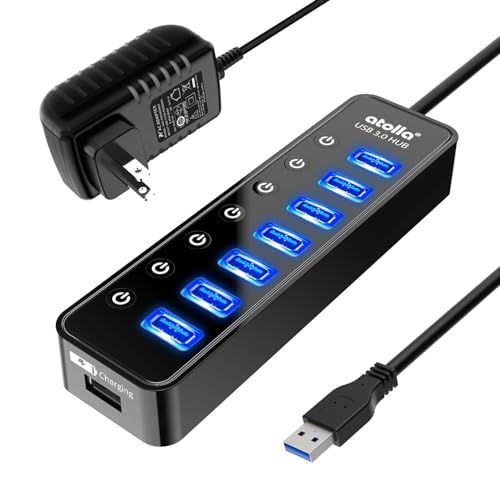 USB ハブ atolla USB3.0 Hub 7ポート増設 + 1充電ポート, USB拡張 セルフパワー/バスパワー 【USB 3.0 HUB 独立スイッチ付・5V/4A ACアダプタ付き・100cm USBケーブル】as