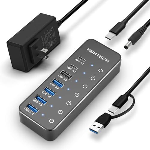 RSHTECH USB ハブ10Gbps 7ポートUSB C 3.2x2 USB A 3.2x1 USB 3.0x4 2 in 1 ケーブル 付き アルミ製 USB HUB セルフパワーとバスパワー両用 5V 電源 独立スイッチ付き(RSH-ST07C)as