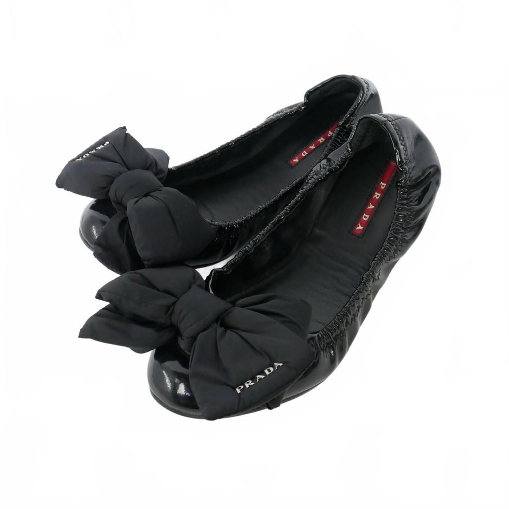 プラダ PRADA リボン バレエシューズ フラットシューズ エナメル 36 黒 ブラック 3F5083