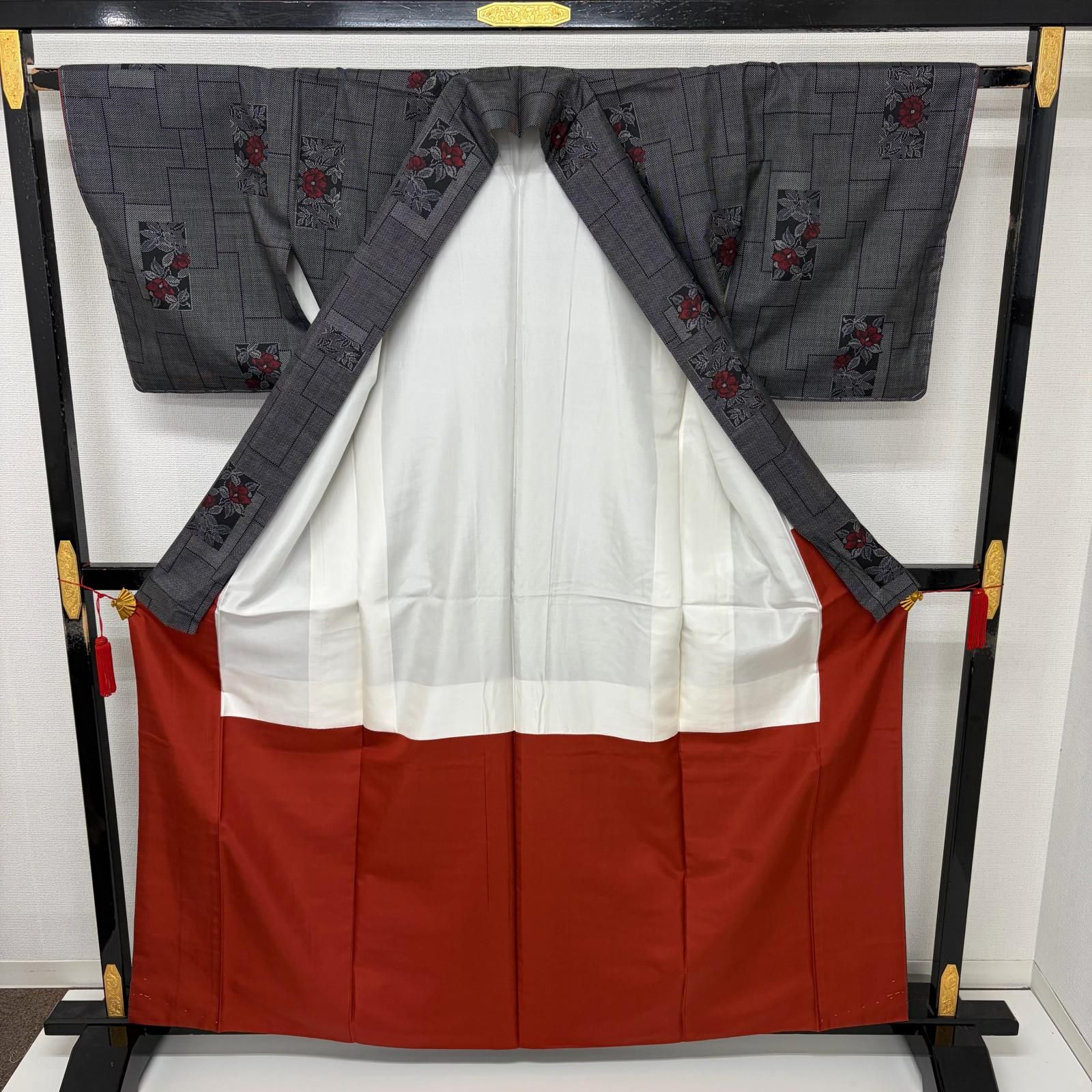 本場大島紬 正絹 茶泥染め 幾何学 花の絣 袷 着物 MK-3913 - メルカリ