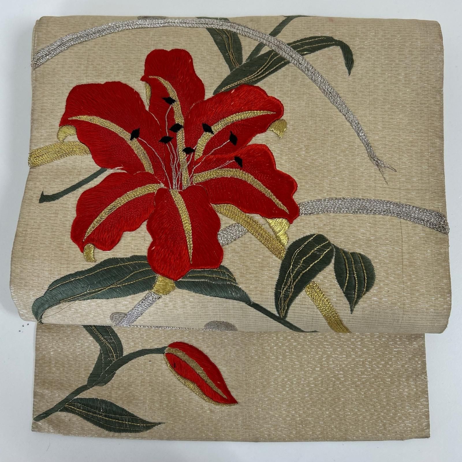 名古屋帯 アンティーク 刺繍 上品な花柄 九寸 正絹 着物 MA-4336
