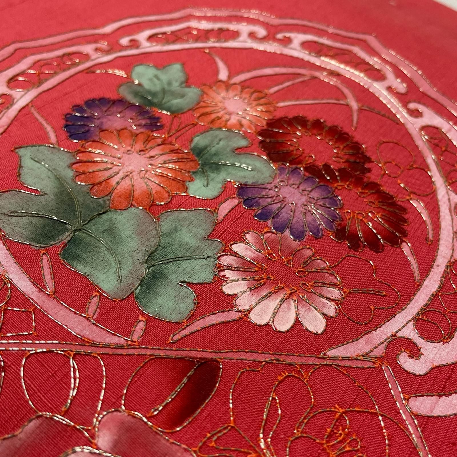 名古屋帯 長尺 紬 駒刺繍の美しい花模様 九寸 正絹 着物 X-1931