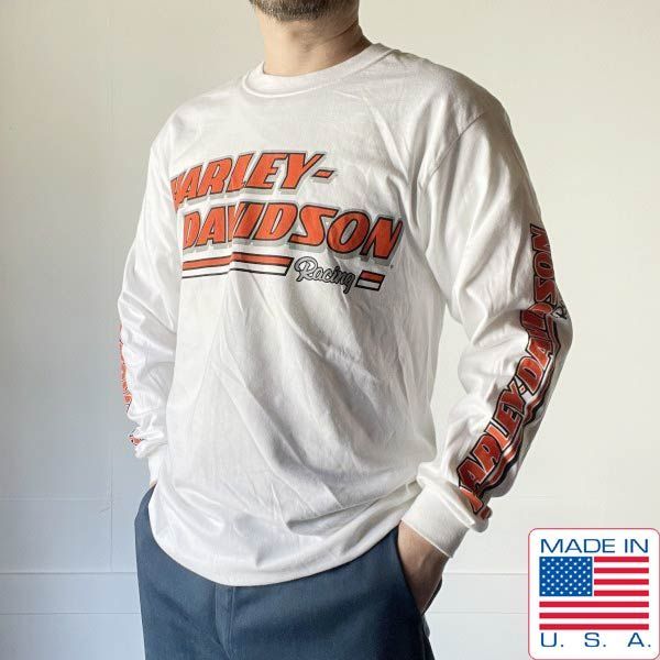 新品 00s USA製 ハーレーダビッドソン 両袖 両面 プリント 長袖Tシャツ M 白 ロンT ビンテージ デッドストック D154-11-0002ZT