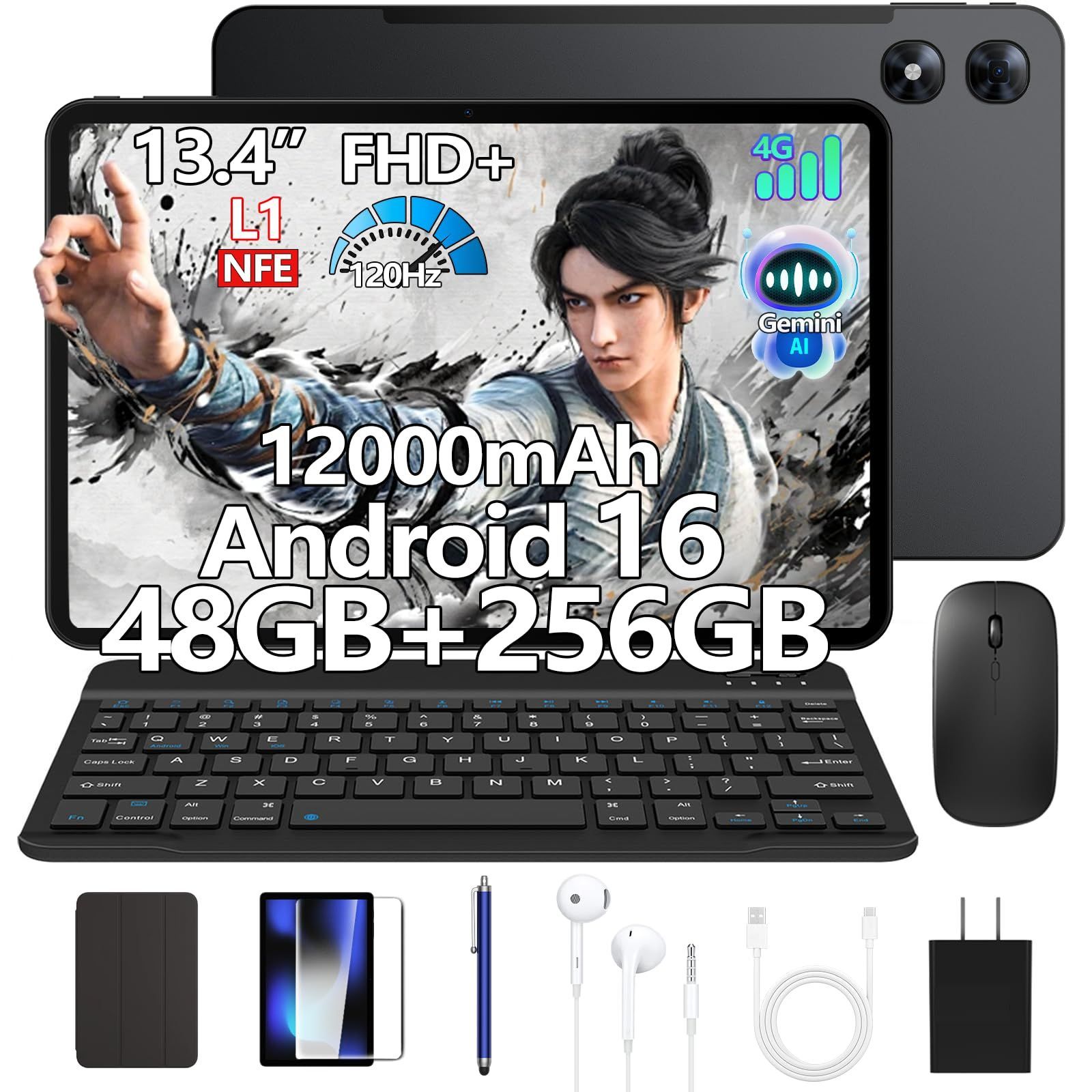 【人気商品】TF拡張 2TB 12000mAh大容量バッテリー ROM RAM+256GB 4G 48GB LTE 120HzフルHD+大画面 AI高性能タブレット SIMフリー、タッチペン+キーボード+マウス+保護ケース+保護フィルム+有線イヤホン 16搭載