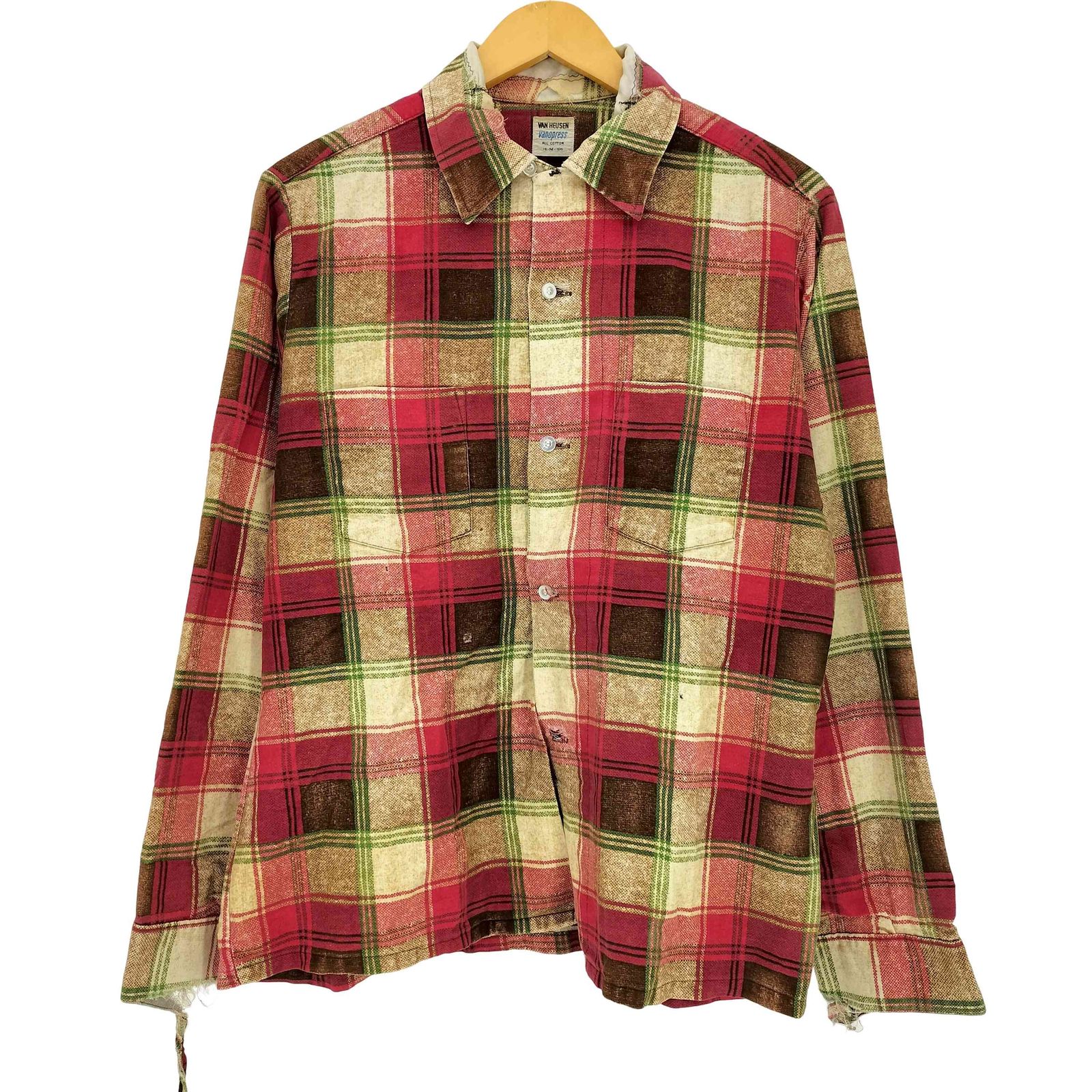 ヴァンヒューゼン VAN HEUSEN 60s vanopressタグ マドラスチェック フロントダブルフラップポケット L/S オープンカラーシャツ メンズ import：M