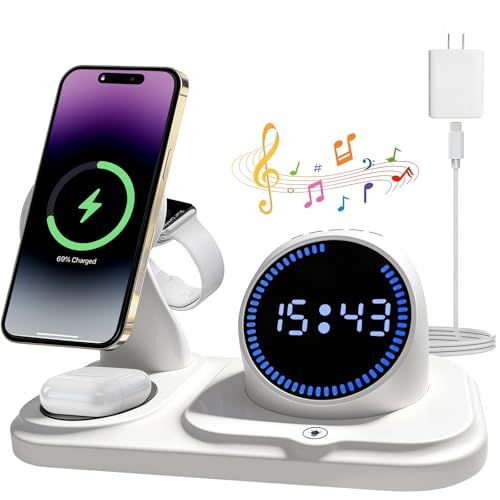 karidi 6in1 ワイヤレス充電器 Bluetoothスピーカー 15W充電スタンド スマホ充電スタンド iPhone/iWatch/Airpods対応 iPhone17/16/15/14/13/12シリーズ互換 時計 アンビエントライト機能です（3as