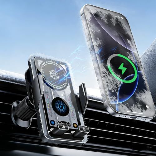 2026年新登場 スマホホルダー 車 ワイヤレス充電 冷却機能付き 【15W急速充電+冷却ファン内蔵+バッテリーの健康を守る】magsafe 車 スマホスタンド 車載ホルダー ワイヤレス充電器 LEDライト マグセーフ 車載 充電器 片手操作 1秒で着脱 as