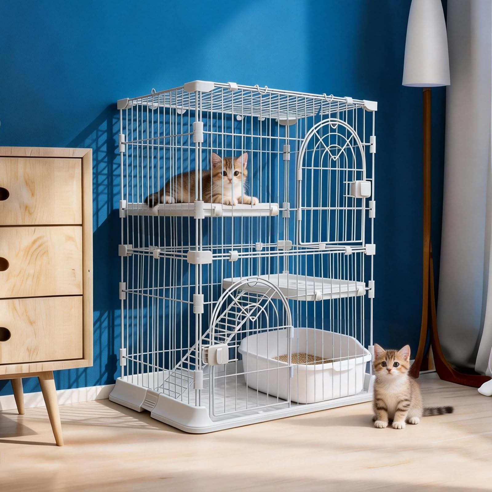 猫 ケージ 2段 キャットケージ 猫ゲージ 幅76*奥行50.5*高さ89cm ネコ ケージ 組み立て簡単 多頭飼い 脱走防止 梯子 頑丈 耐荷重10kg 日本語説明書 (ホワイト)e a35d350c