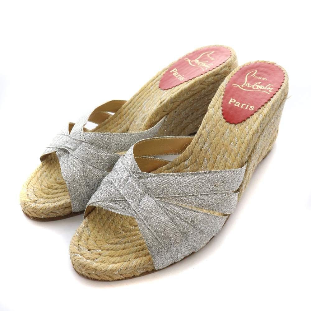 クリスチャンルブタン Christian louboutin エスパドリーユ ウェッジソール ミュール サンダル 38 ベージュ シルバーカラー /SS ■OS ■GY62