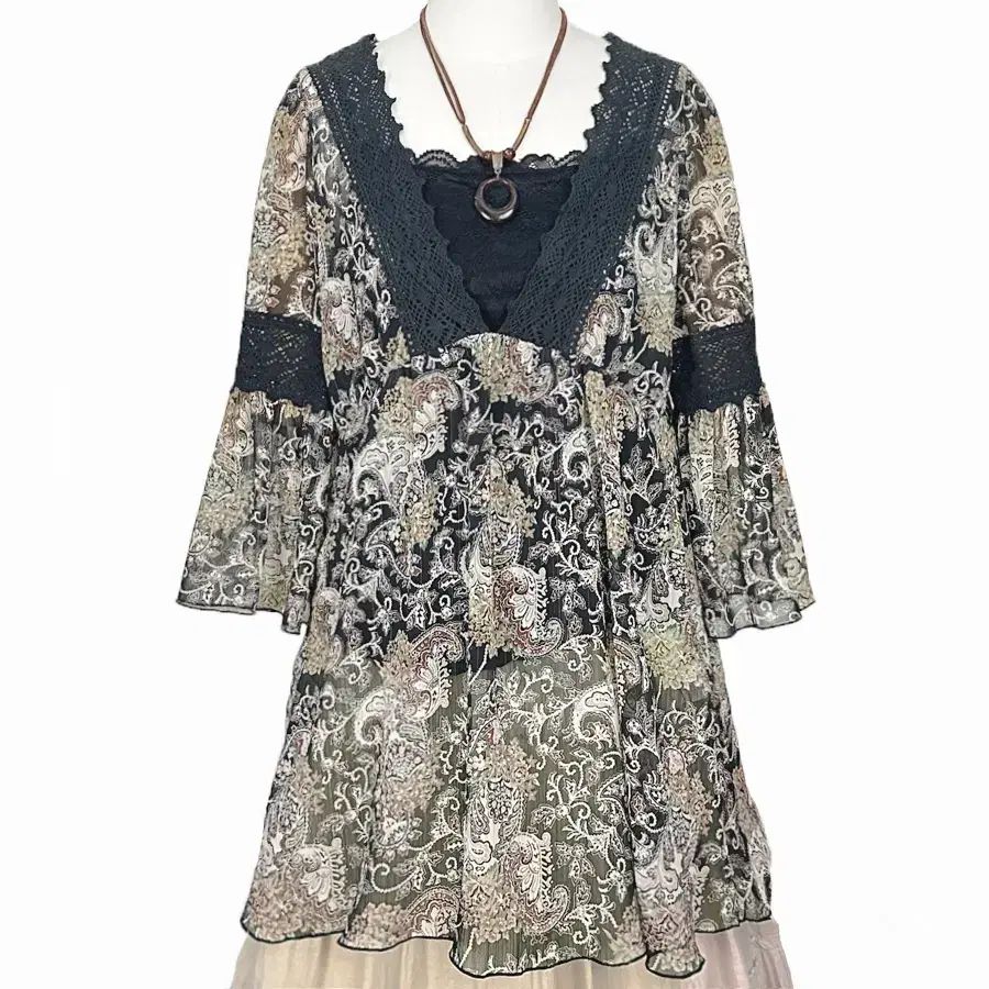 日本 ヴィンテージ ベイズリー エスニック レースシャーリングシフォン ブラウスTシャツ 森ガール はぐみ 룩 ギャル y2k ヒッピー
