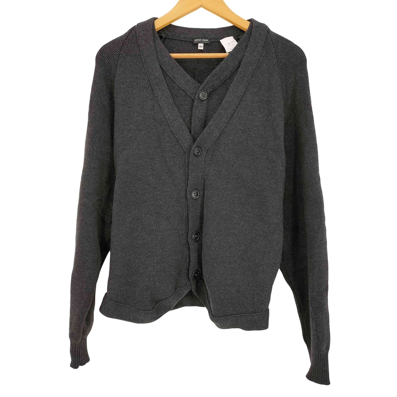 ジョルジオアルマーニ Giorgio Armani 90s 黒タグ イタリア製 フェイクレイヤード Vネック ウールカーディガン メンズ EUR：48