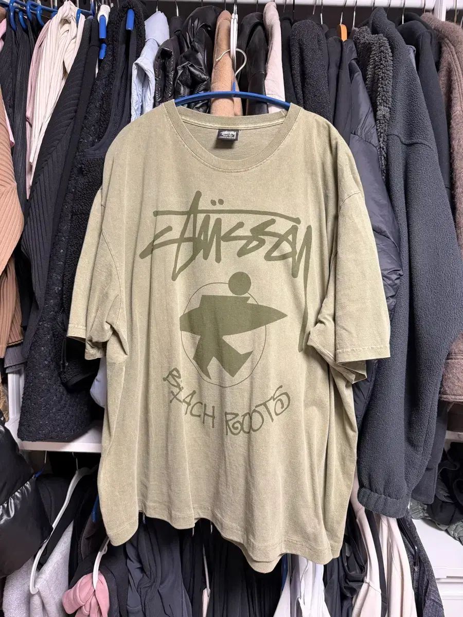 XL STUSSY ビーチ ルート ピグメント ダイド Tシャツ オリーブ