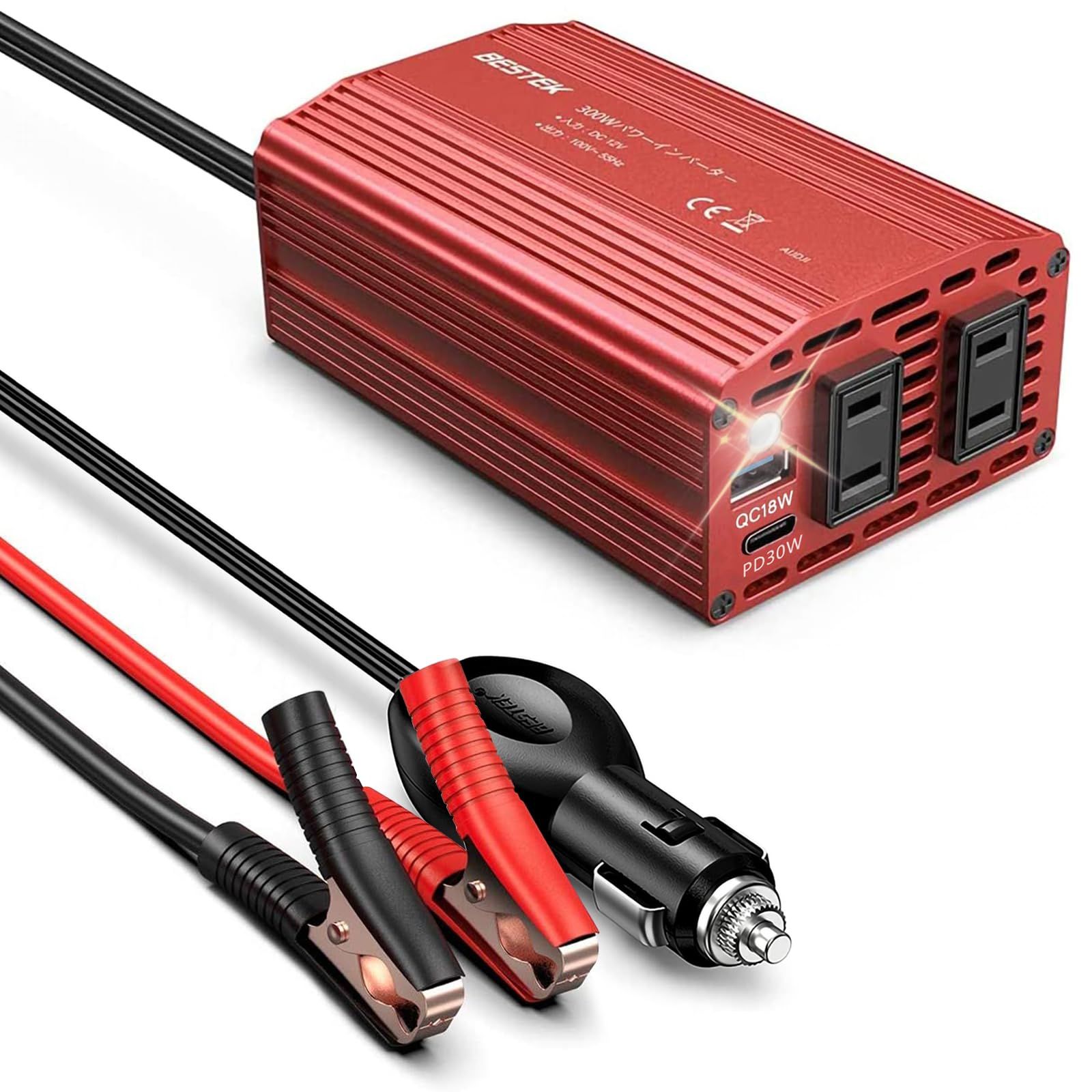 BESTEK 修正正弦波 300Wインバーター USB-C PD 30W + USB-A QC 18W 車載用インバーター DC12VをAC100Vに変換 シガーソケット コンセント バッテリー接続コード付き A-MRI3010BU-RD-PD30W ...