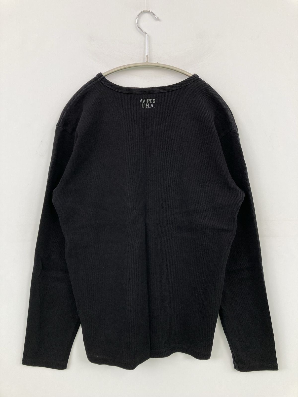 AVIREX アヴィレックス Tシャツ/カットソー L ブラック 無地 バックプリント ワンポイント ブランドロゴ ミドル丈 長袖 Vネック