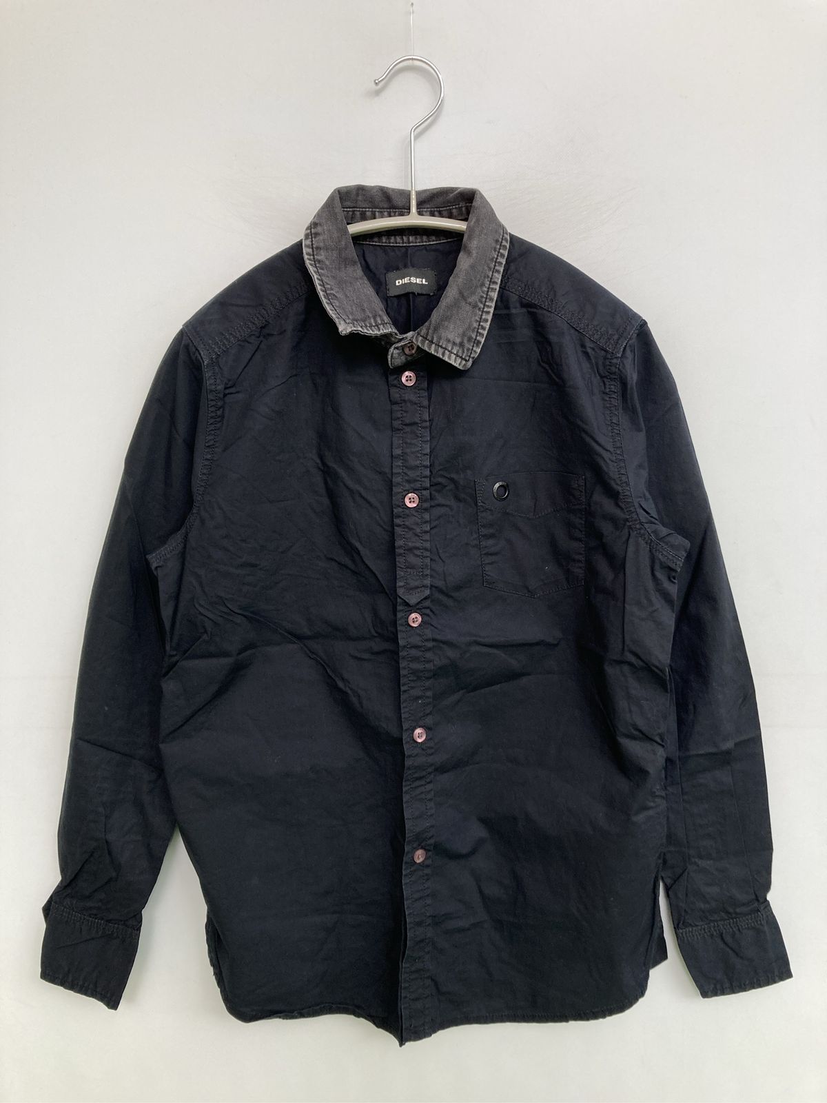 DIESEL ディーゼル シャツ/ブラウス ブラック コットン レギュラーカラー 長袖 無地 ワンポイント ショート丈