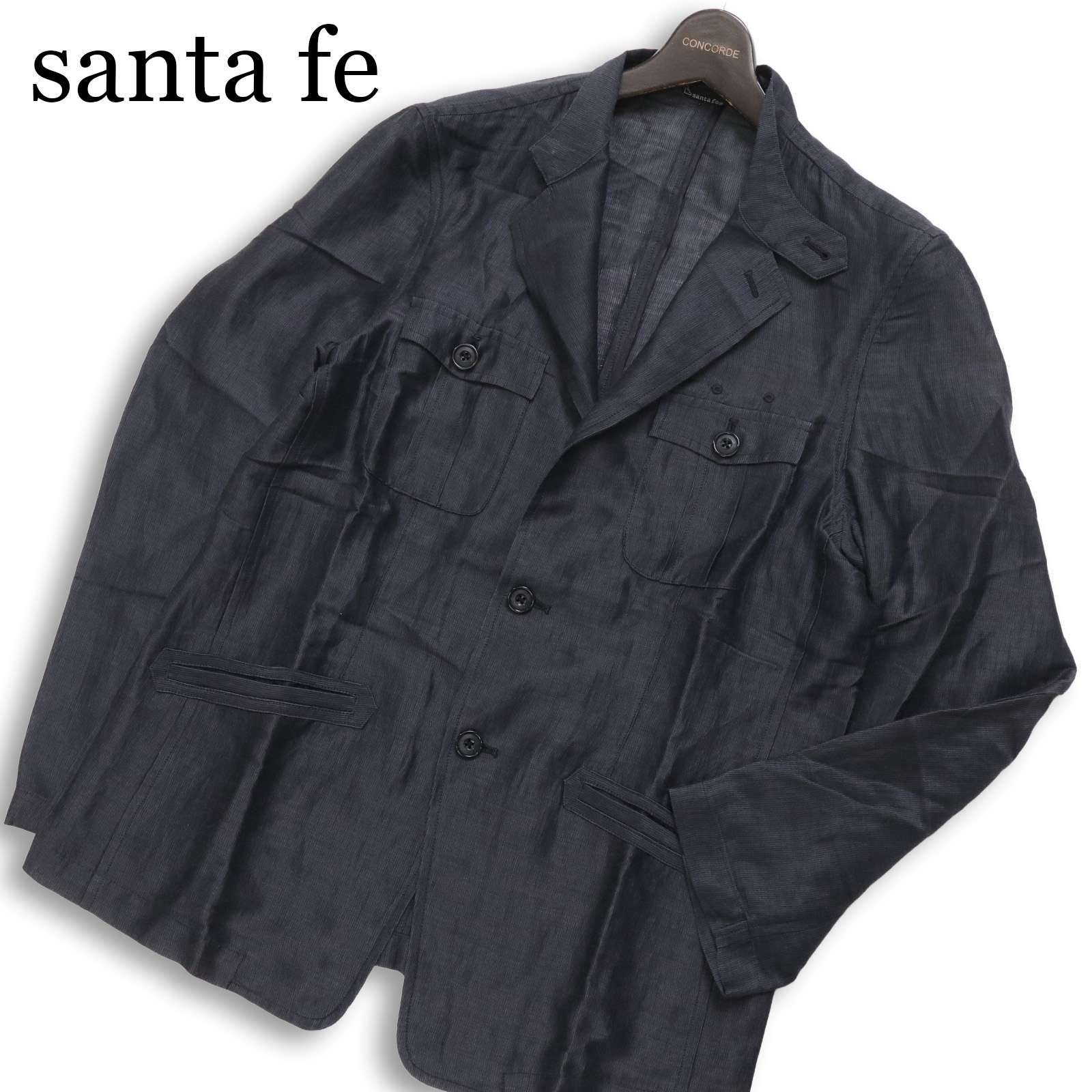 santa fe サンタフェ 春夏★ 麻 リネン混 アンコン サファリ テーラード ジャケット Sz.50 メンズ 灰 グレー 大きいサイズ