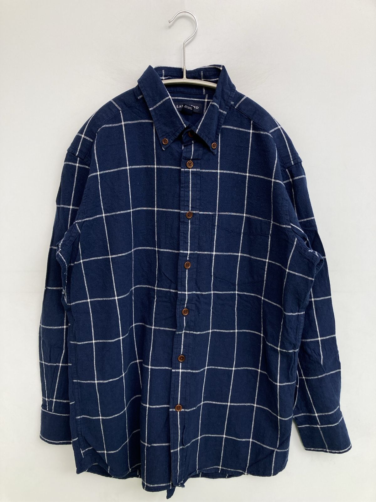 LANDS' END ランズエンド シャツ/ブラウス M ネイビー コットン リネン・麻 ボタンダウン 長袖 チェック柄 ミドル丈