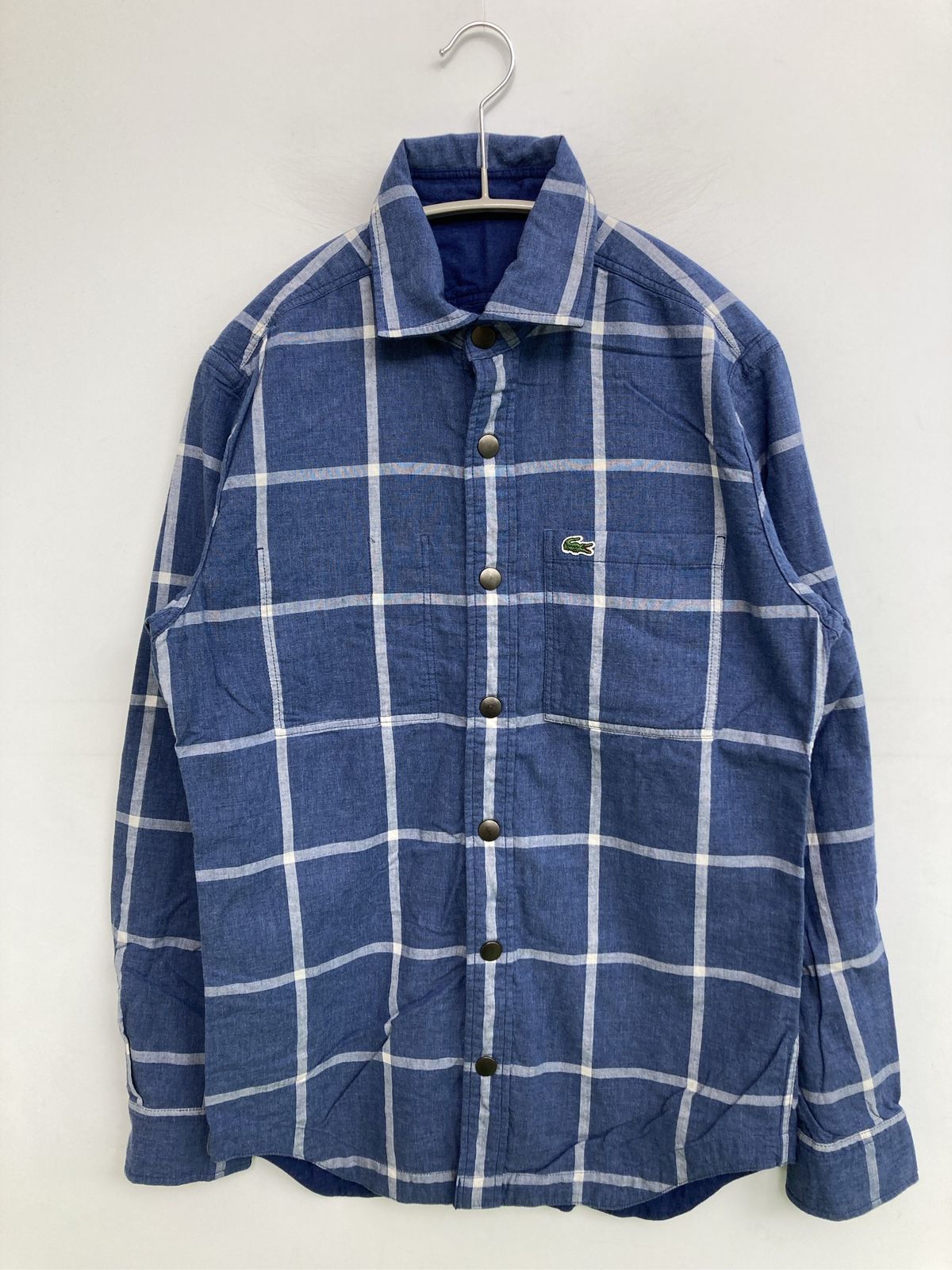 LACOSTE ラコステ シャツ/ブラウス S/M ブルー コットン 無地 チェック柄 ワンポイント ブランドロゴ 長袖 レギュラーカラー ミドル丈