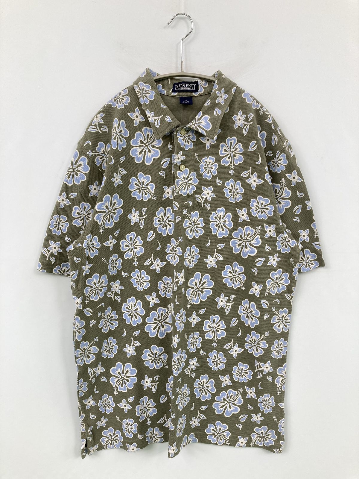 LANDS' END ランズエンド シャツ/ブラウス M カーキ コットン 花柄・ボタニカル柄 半袖 レギュラーカラー