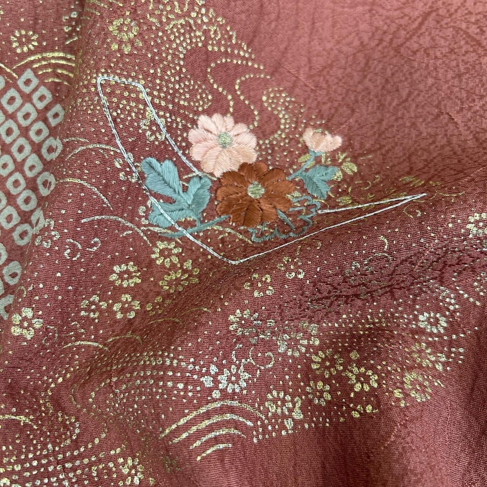 付け下げ 裄66 正絹 刺繍 美しい花 金彩 一つ紋 袷 着物 MK-3771