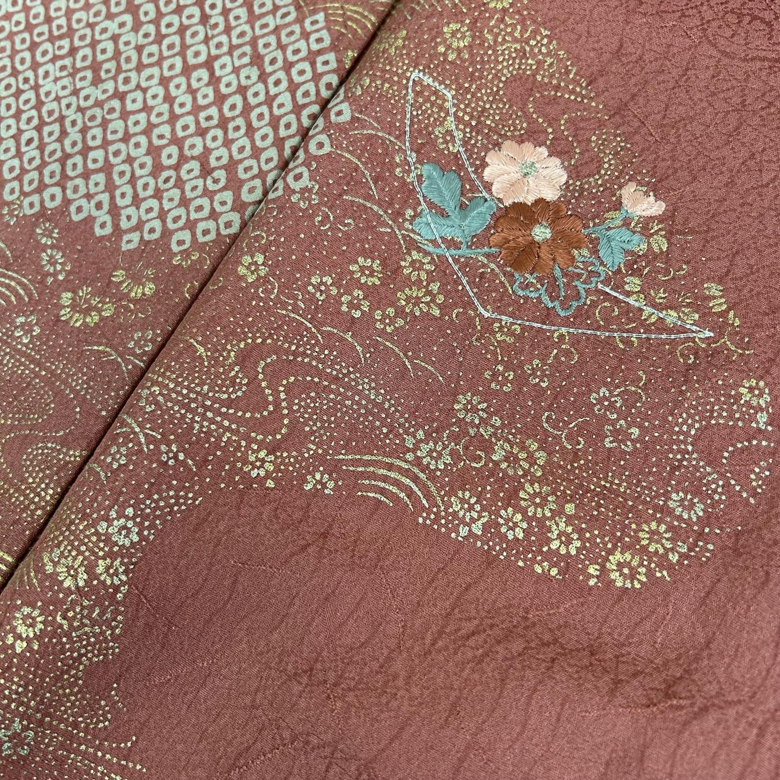 付け下げ 裄66 正絹 刺繍 美しい花 金彩 一つ紋 袷 着物 MK-3771
