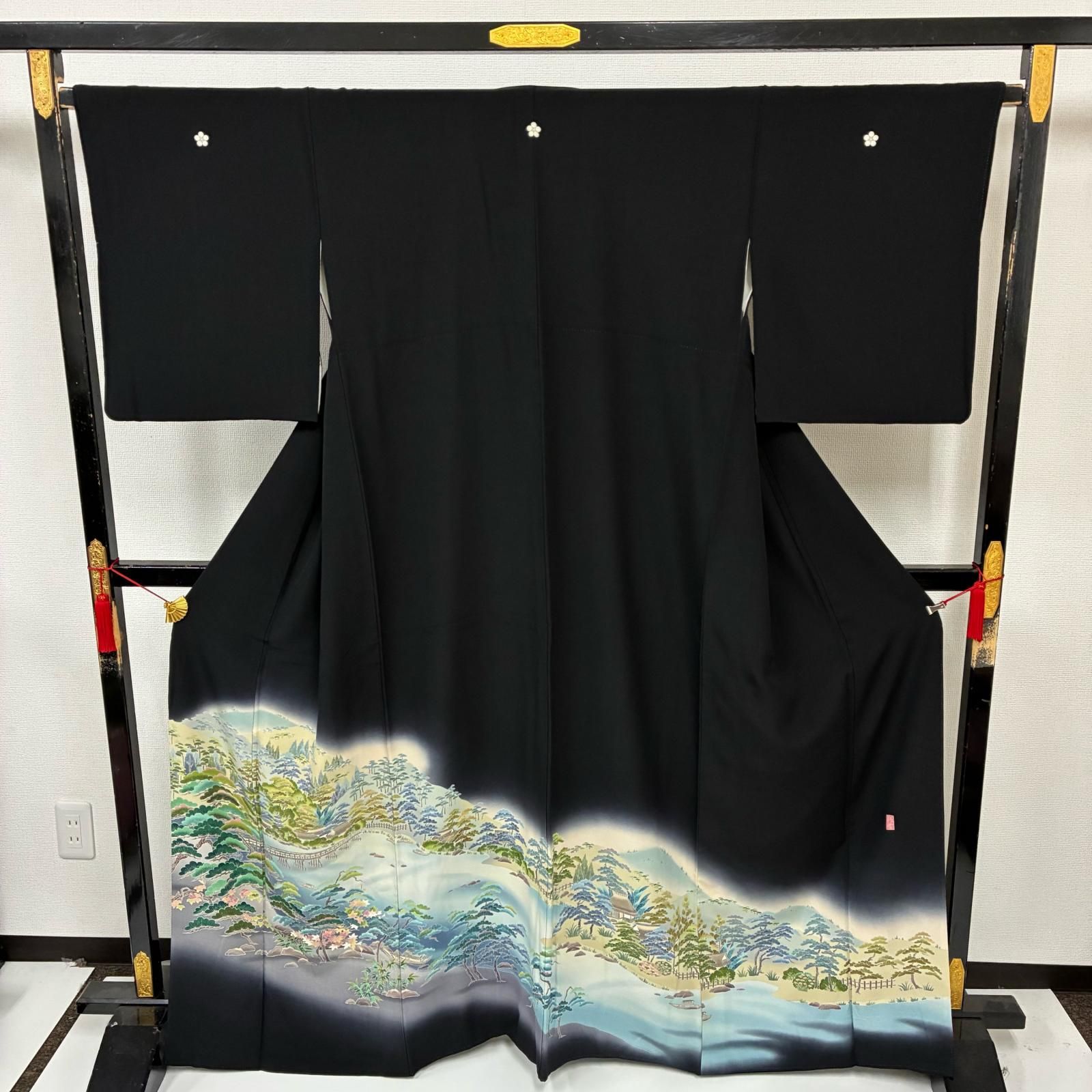 黒留袖 作家物 友禅 裄65.5 松 上品な染め 五つ紋 比翼 正絹 着物 MK