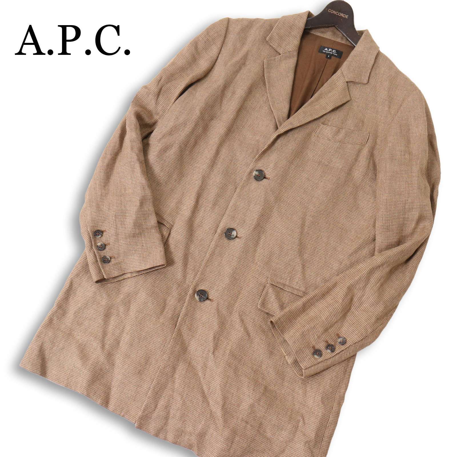 名作★ A.P.C. アーペーセー 春夏★ 麻100% 千鳥柄 リネン チェスター コート ロング ジャケット Sz.S メンズ