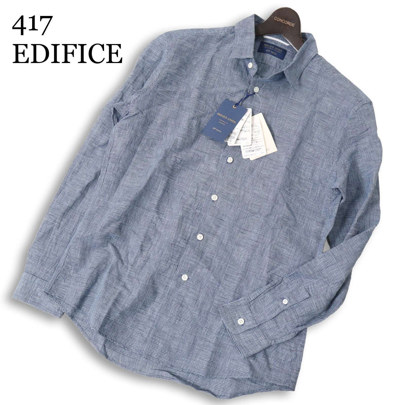 【新品】 417 EDIFICE エディフィス 春夏 INDIGO LINEN★ 長袖 インディゴ リネン グレンチェック シャツ Sz.M　メンズ