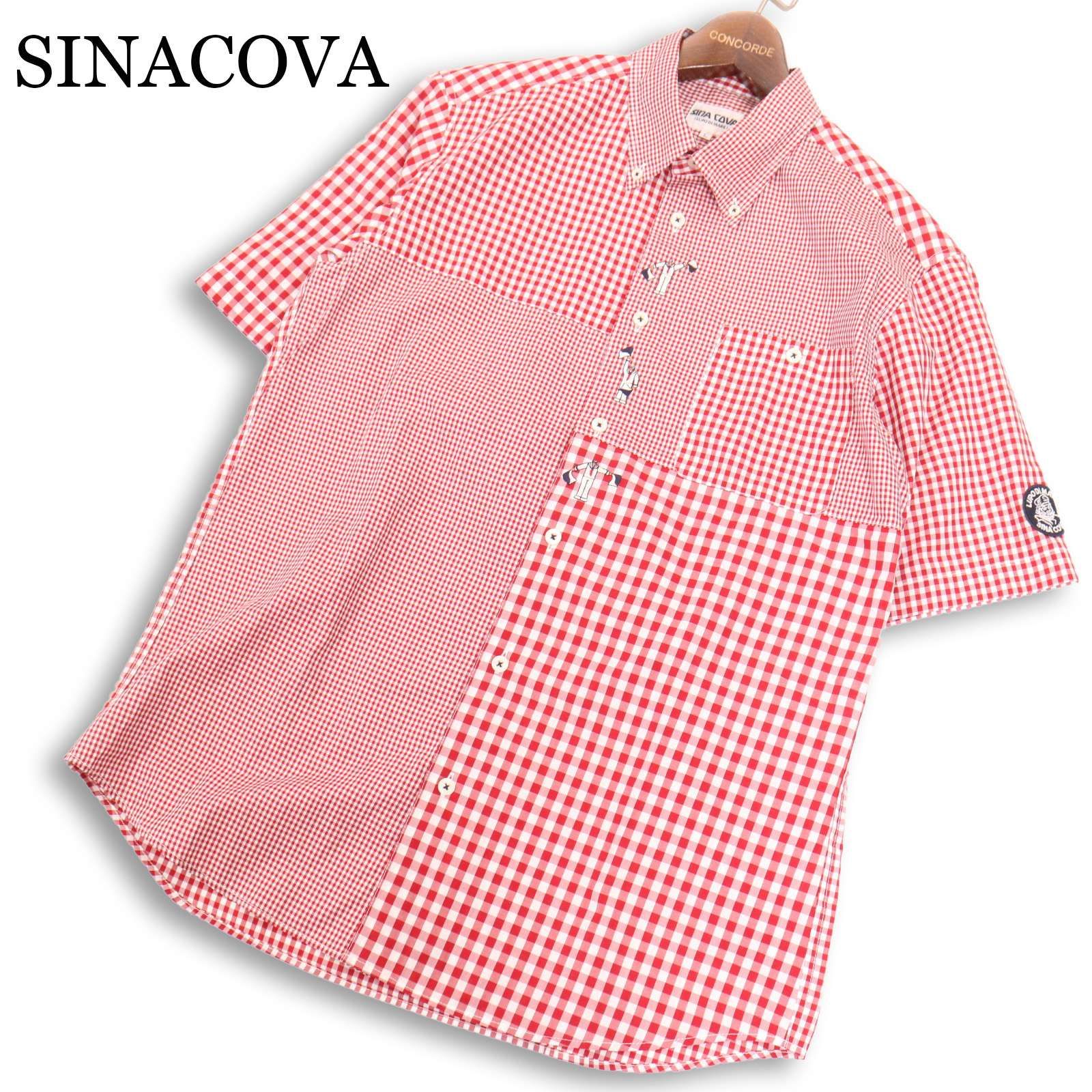 SINACOVA シナコバ 春夏 刺繍&ワッペン★ クレイジーパターン 半袖 ギンガムチェック 切替 ボタンダウン シャツ Sz.L メンズ