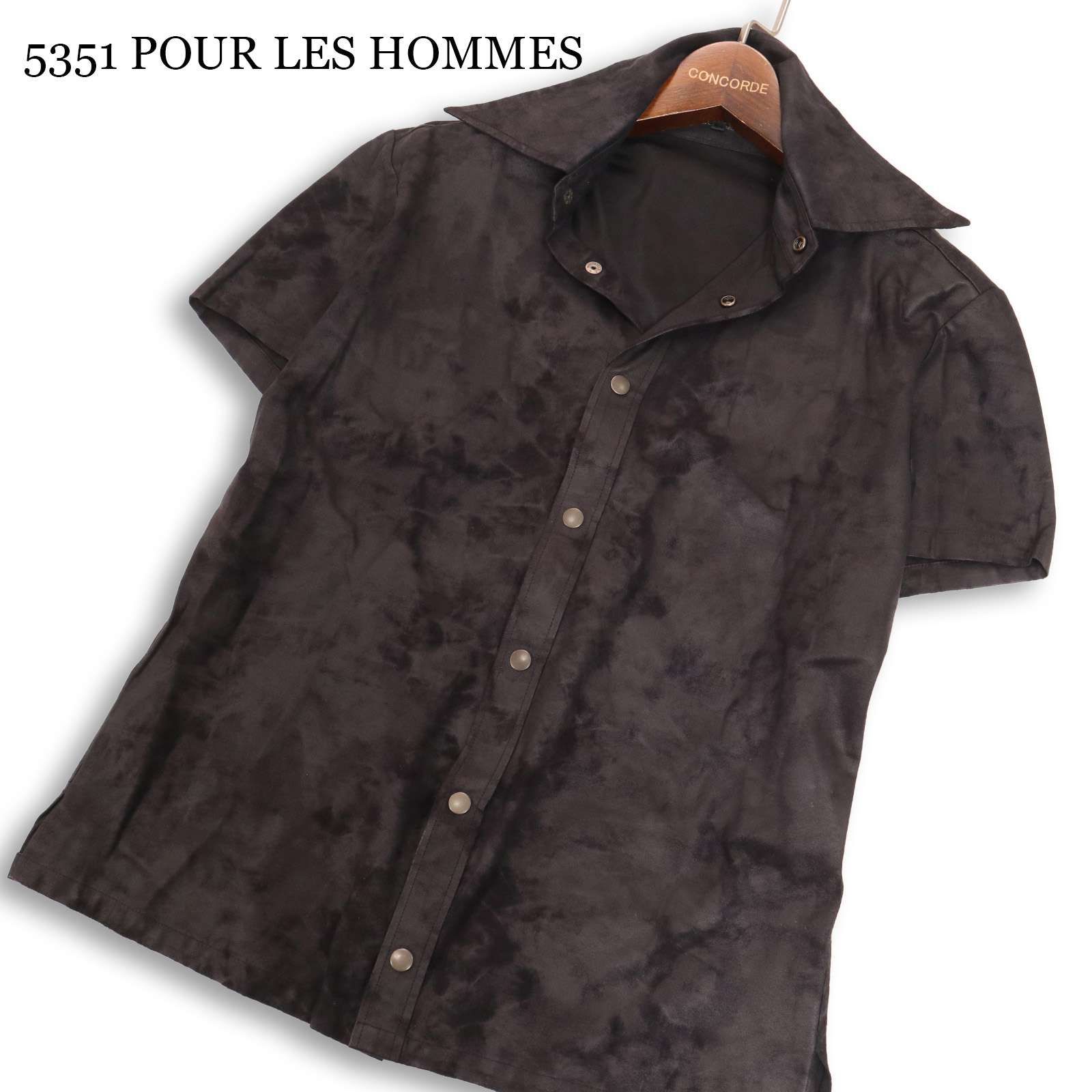 Y2K 00s★ 5351 POUR LES HOMMES 5351プールオム 春夏★ 半袖 ムラ染め フェイク レザー 半袖 シャツ 日本製 Sz.1 メンズ 黒