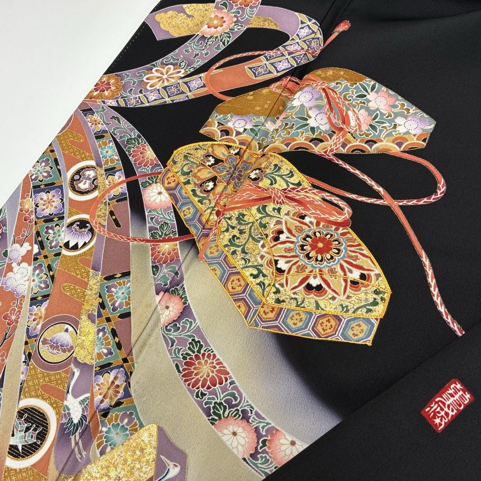 黒留袖 作家物 金駒刺繍 金彩 友禅 裄67 華紋 五つ紋 正絹 着物 MK