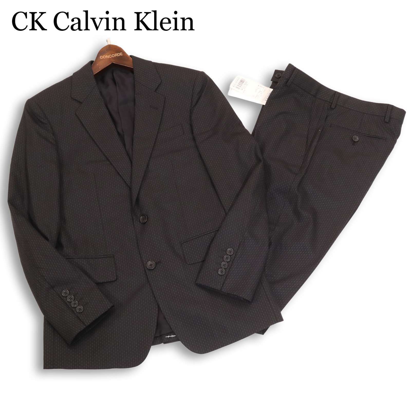 【新品 未使用】 CK CALVIN KLEIN カルバンクライン 通年 総裏★ ストライプ セットアップ スーツ Sz.34 メンズ 黒 ビジネス
